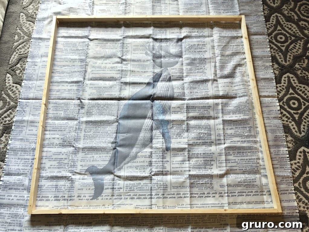 Whale shower curtain art DIY Whale shower curtain art, showcasing the smaller frame without center support.