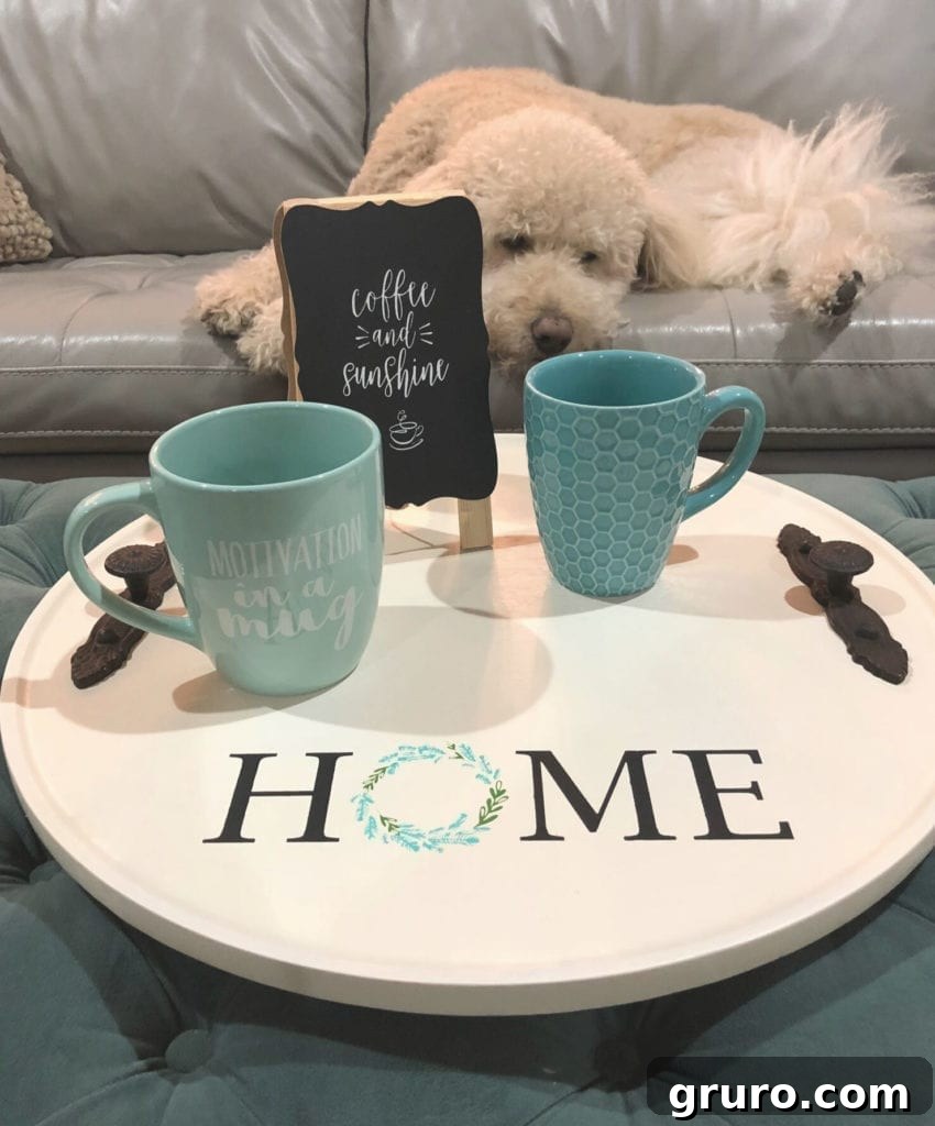 Tray makeover from thrifty find Round tray coffee service (1): Stylish coffee setup on renovated tray