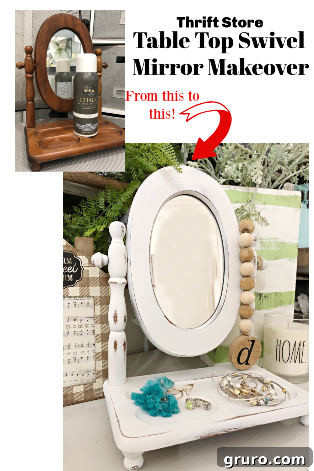 Close-up of the finished thrift store table top mirror makeover