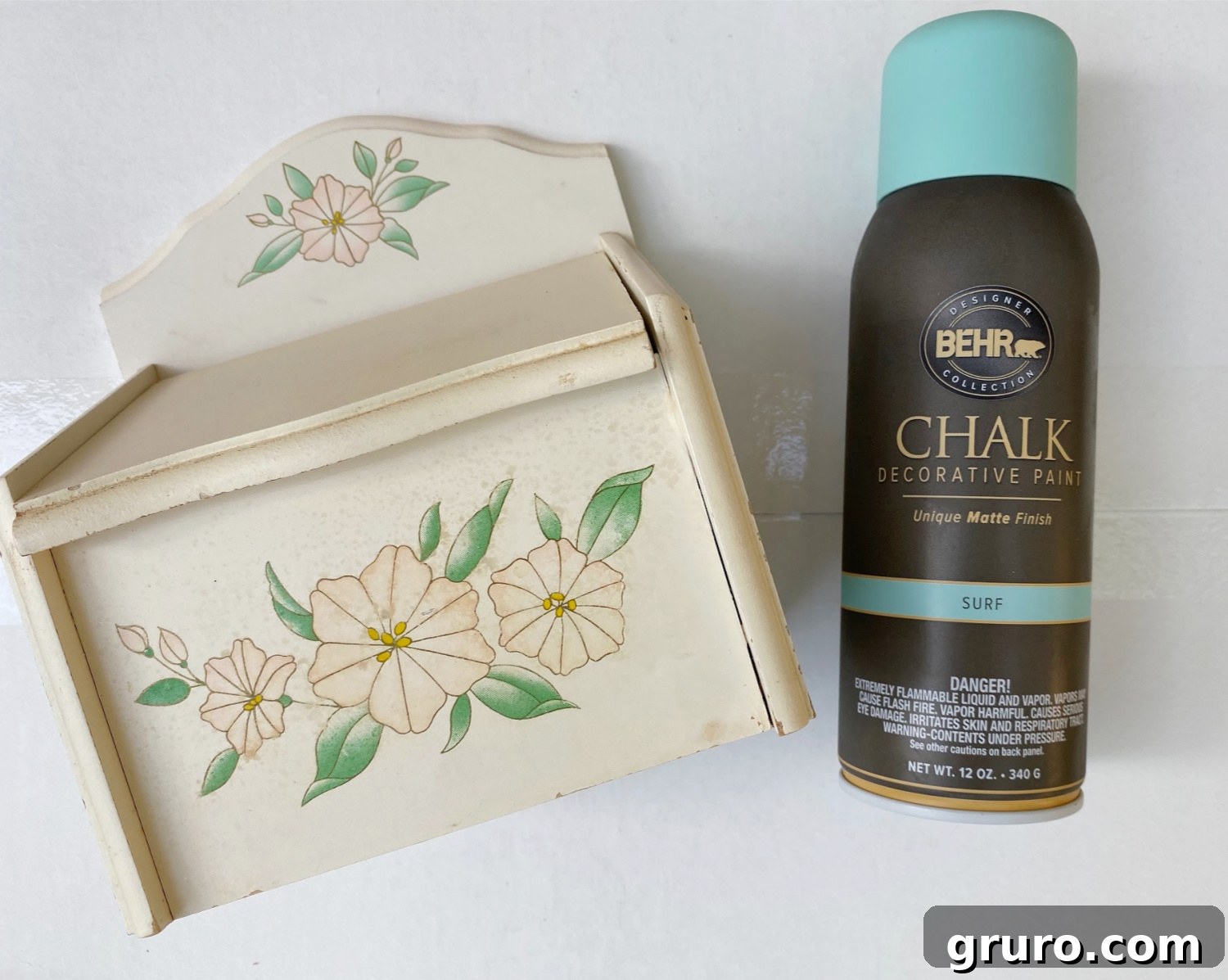 Before image of a plain wooden recipe box, perfect for a DIY makeover