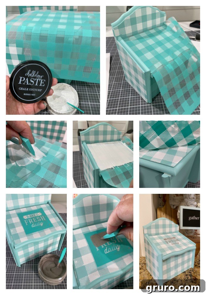 Recipe box featuring a buffalo check pattern applied with Chalk Couture transfers and paste