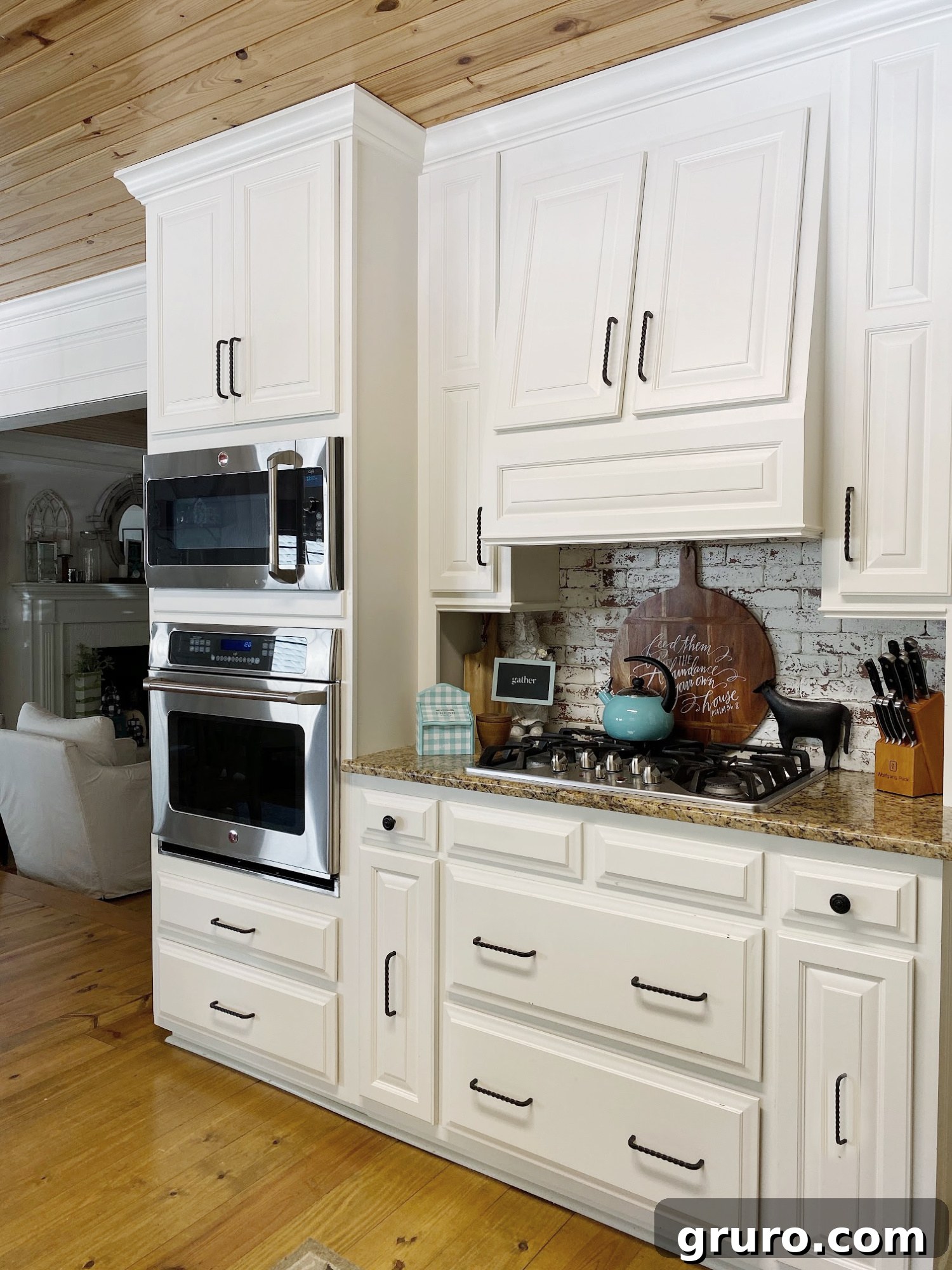 Farmhouse style recipe holder with buffalo check, styled in a kitchen setting