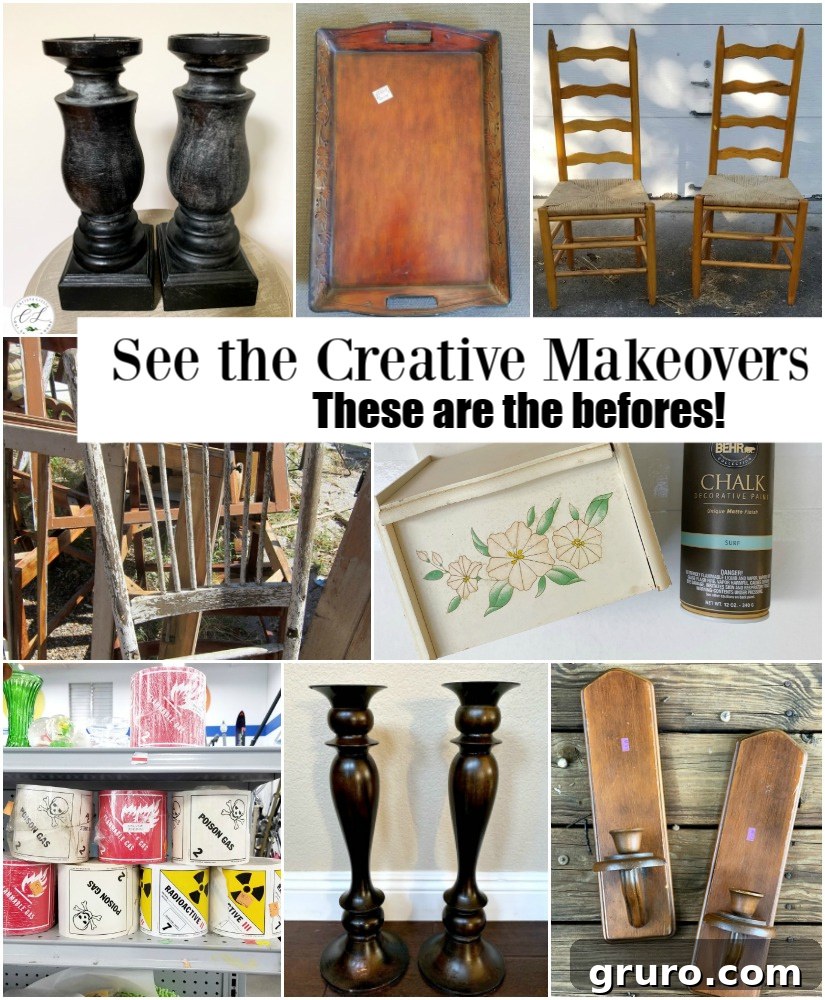 Collage of various creative thrift store DIY ideas for home decor