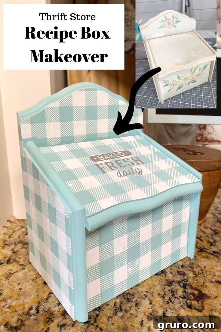 Pinterest graphic for Recipe Box Makeover from a thrift store