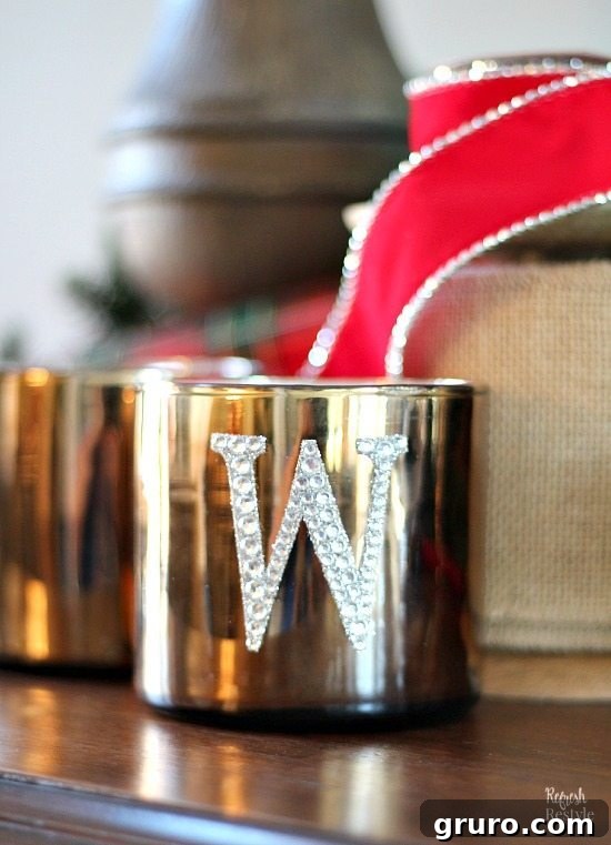 Elegant DIY Sparkle Monogrammed Candle for a personal and festive touch in holiday decor