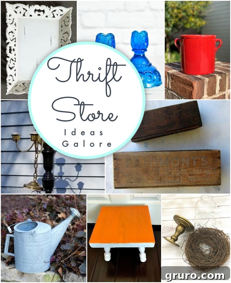 Pinterest graphic featuring multiple thrift store decor ideas