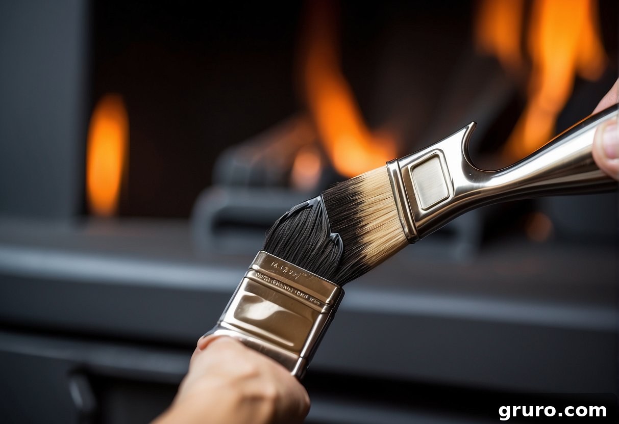 A hand holding a paintbrush applies black paint to a metal fireplace, covering the surface evenly with smooth strokes