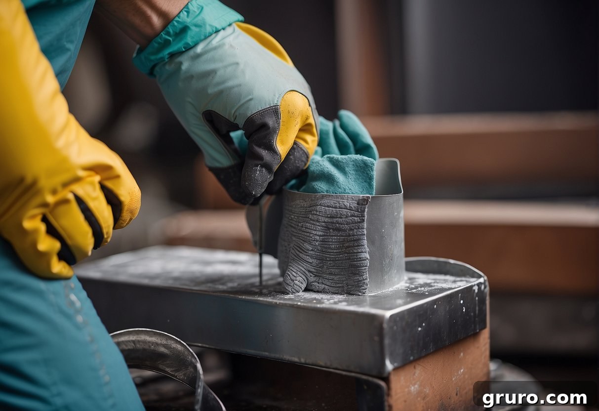 A person wearing safety goggles and gloves prepares to paint a metal fireplace, sanding the surface and applying primer