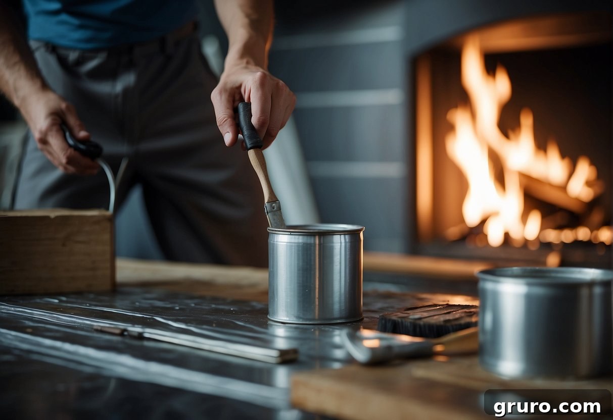 A person painting a metal fireplace with a brush and can of paint, surrounded by protective sheets and tools