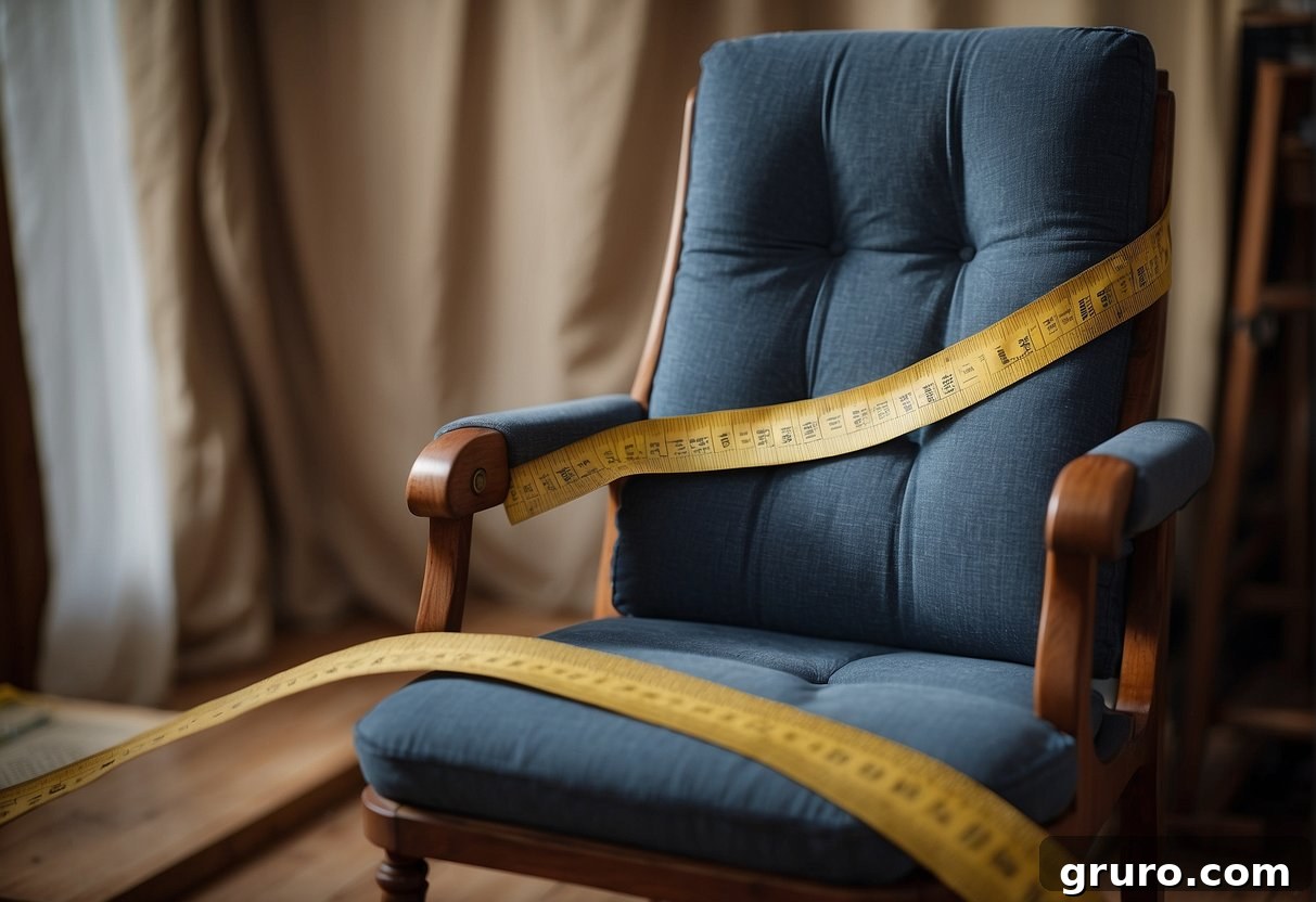 A chair with worn fabric being measured for reupholstering. Fabric draped over and around the chair, with a tape measure or ruler being used to determine the amount needed