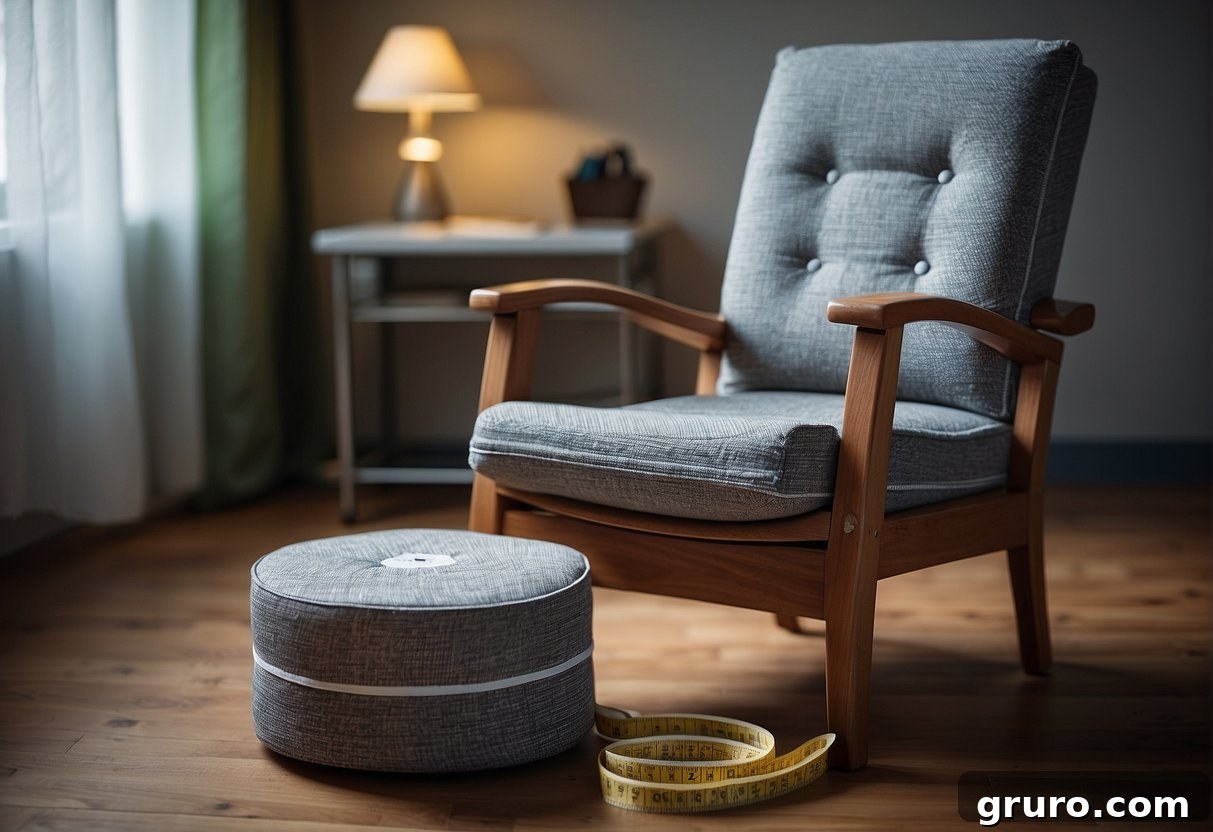 A chair with its upholstery removed, measuring fabric with a tape measure, and a calculator nearby for calculating the required amount of fabric