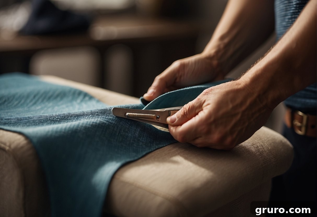 A pair of scissors cutting through a roll of fabric, while hands carefully attach the new material to a chair