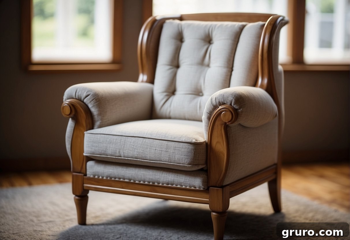 A chair with bare wooden frame, measuring fabric for reupholstering