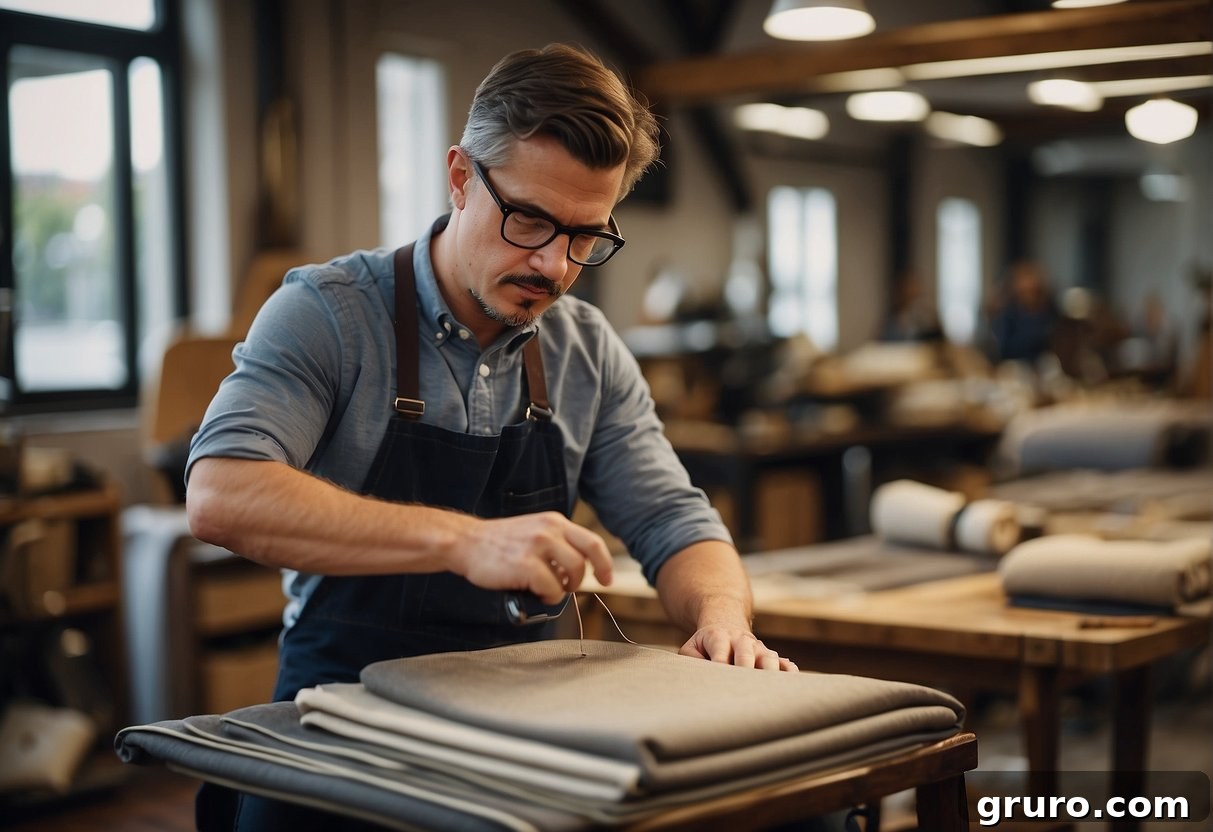 A professional upholsterer measures fabric for chair reupholstery
