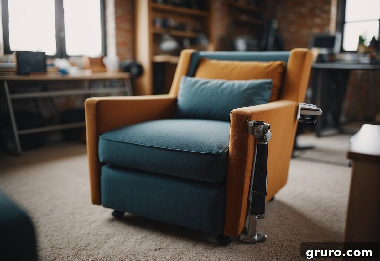 A chair being measured for fabric, scissors cutting material, and a staple gun securing new upholstery