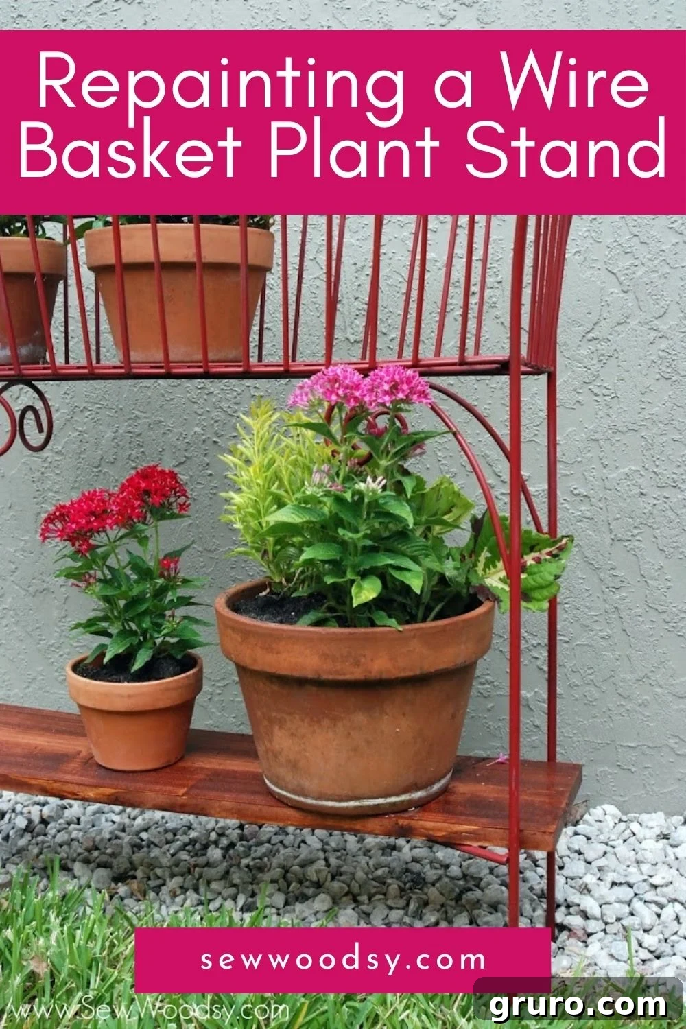 Close up of a red wire basket with a wood bottom shelf with plants on it and text on image for Pinterest.