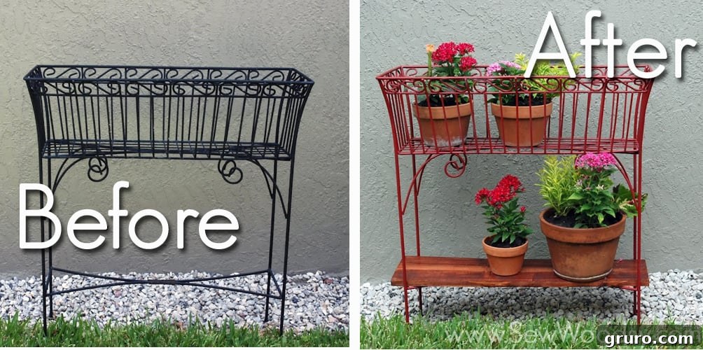 Two photos of a before and after of an upcycled wire rack.