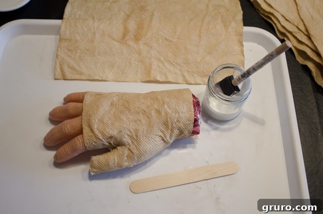 The Embalmed Hand Artifact 3 Soaking paper towels in coffee for aging