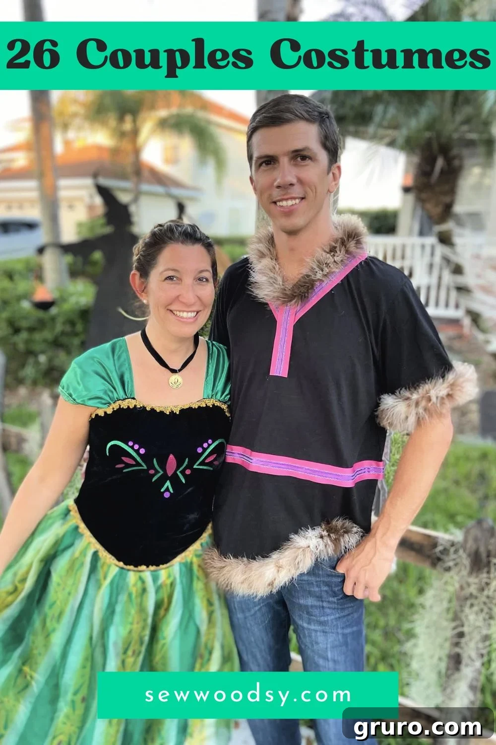 A couple dressed as Anna and Kristoff from Disney's Frozen, perfect for a magical DIY couples costume.