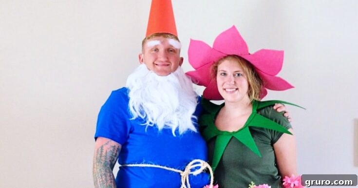 A couple dressed as a Garden Gnome and a vibrant Flower, bringing whimsical charm to a costume party.