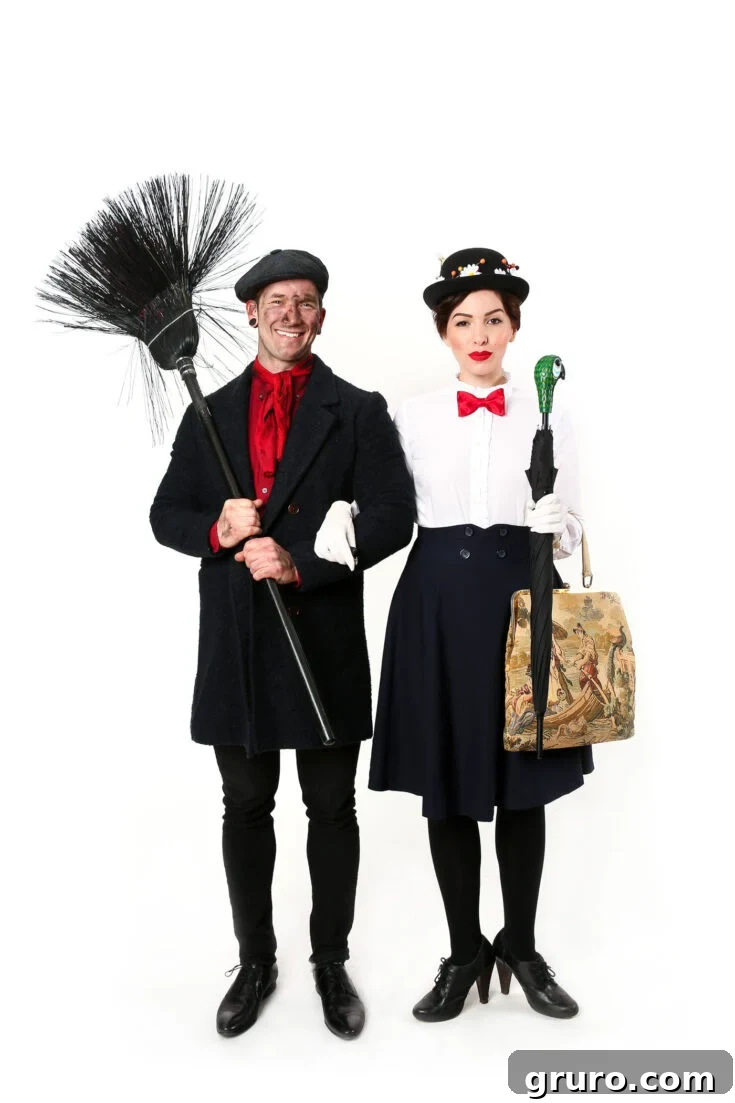 A couple dressed as Mary Poppins and Bert, capturing the whimsy and charm of the iconic movie duo.