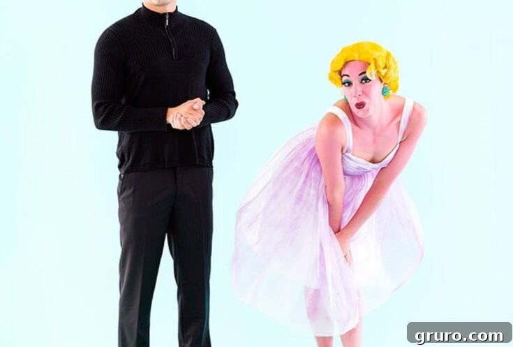A couple dressed as Andy Warhol and Marilyn Monroe, embodying iconic pop art and Hollywood glamour.