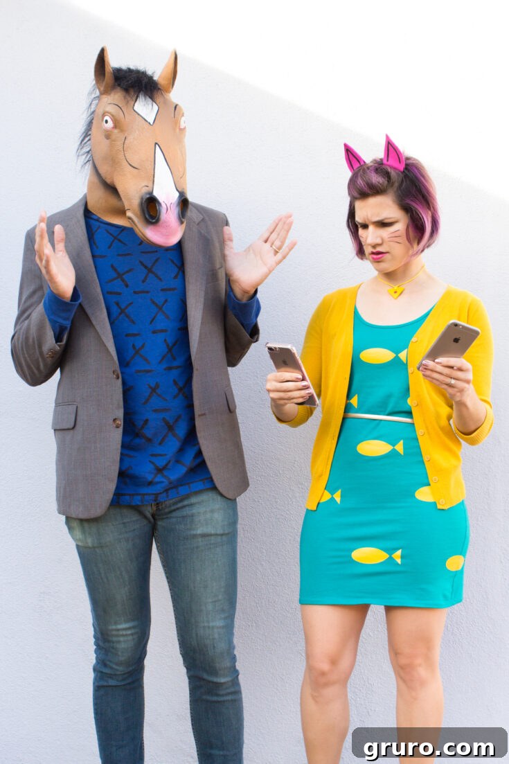 A couple dressed as Bojack Horseman and Princess Carolyn, bringing the quirky, dysfunctional charm of the animated series to life.