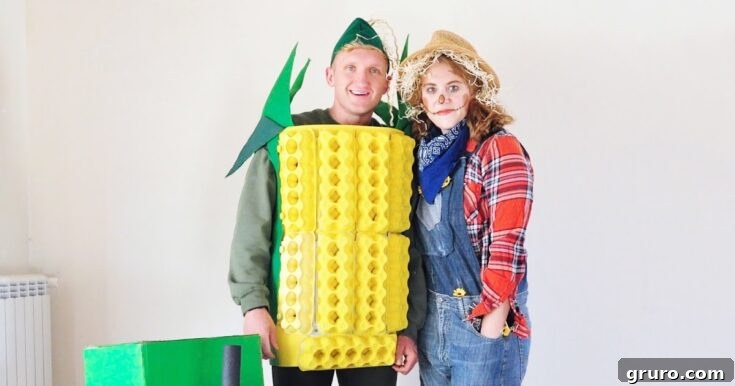 A couple dressed as a Scarecrow and Corn on the Cob, embracing the rustic charm of the harvest season.