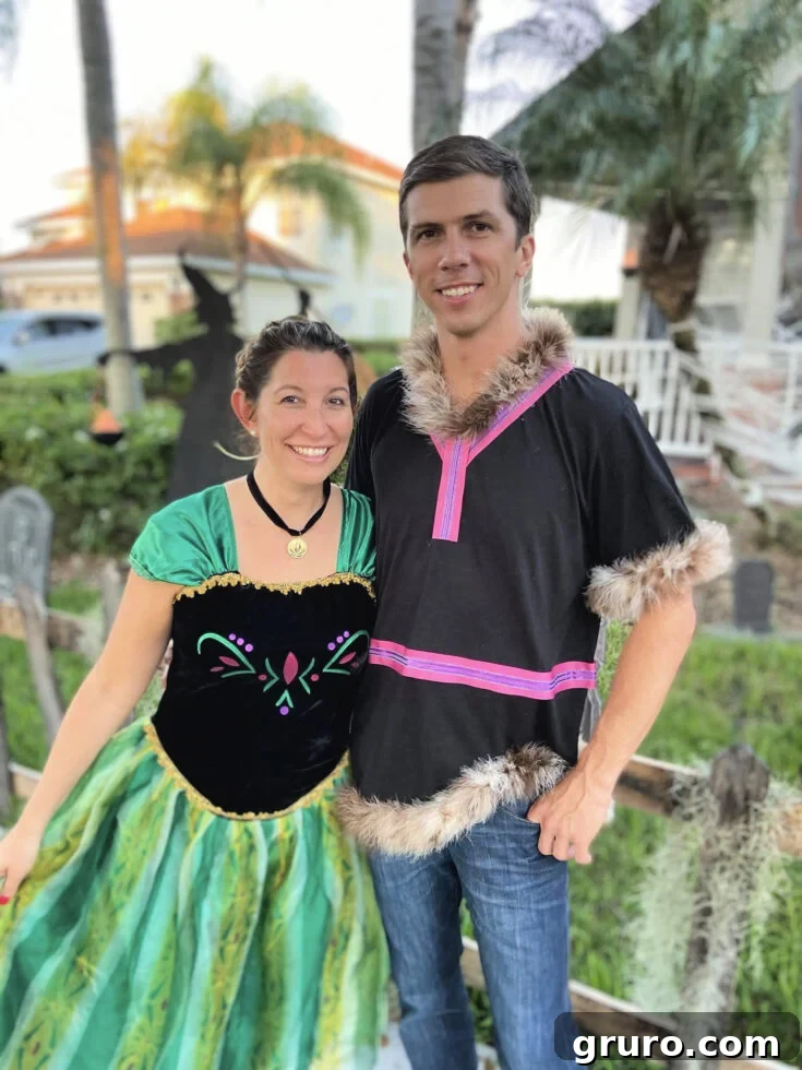 A female dressed in a store-bought Anna costume and a male in a homemade Kristoff costume from Disney's Frozen.