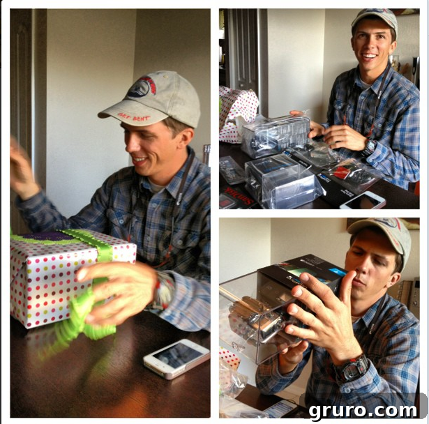 Mr. Woodsy surprised while opening his GoPro birthday gift