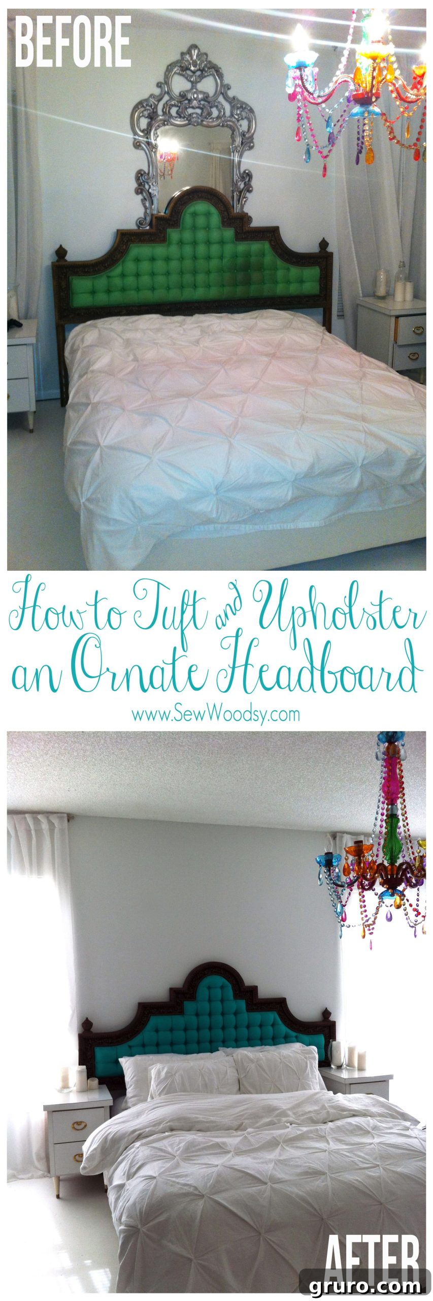 Before and after transformation of an ornate tufted headboard. Video tutorial available for DIY upholstery. Learn how to reupholster and tuft furniture for a beautiful home decor upgrade. #DIY #Upholstery #HeadboardMakeover #HomeDecor