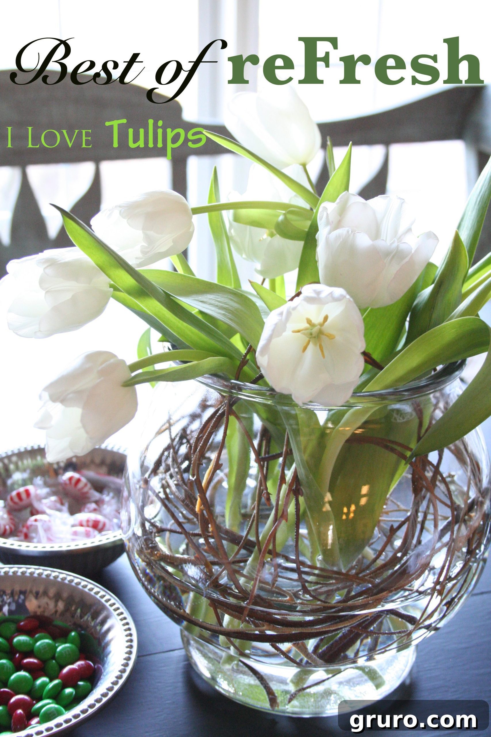 My copycat tulip arrangement with white tulips and a fake branch