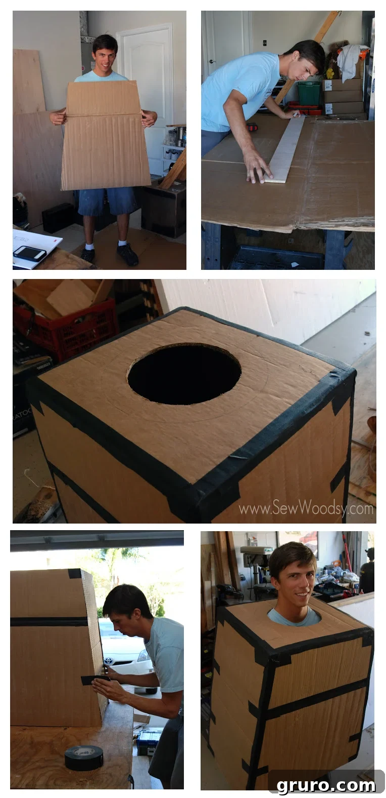 Lego costume construction with cardboard and tape