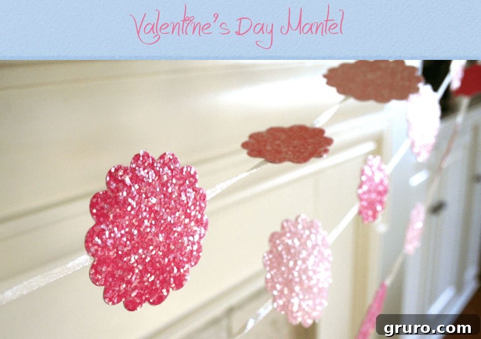 Cozy Valentine's Day mantel with a pink and sparkling banner