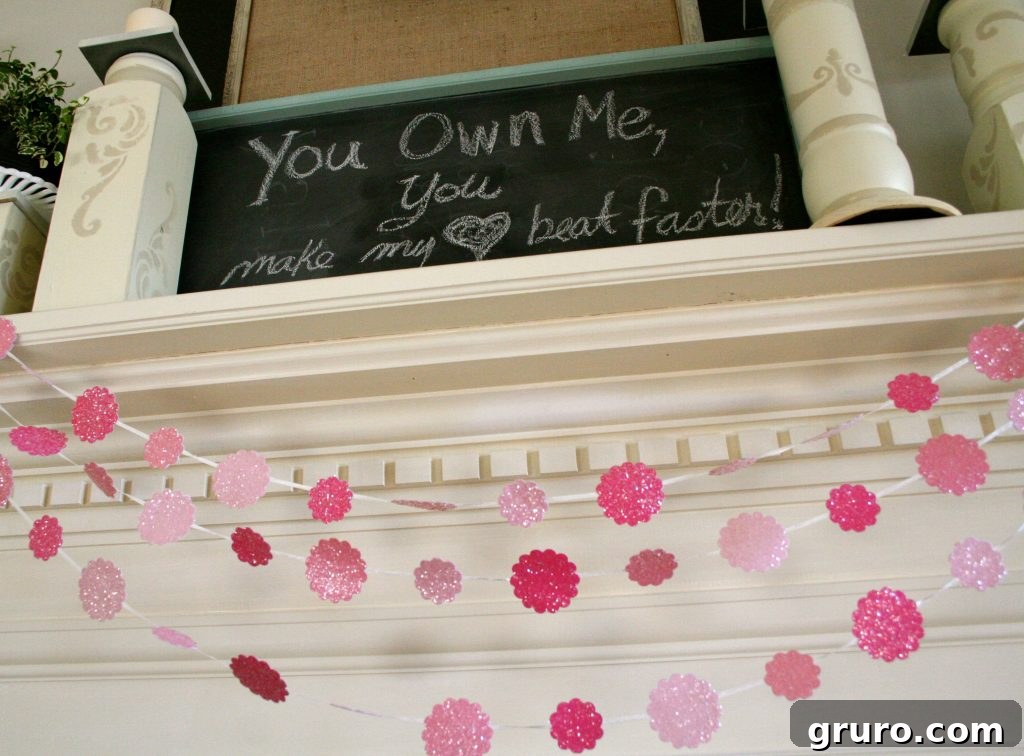 Horizontal view of a beautifully styled Valentine's mantel with diverse decorations