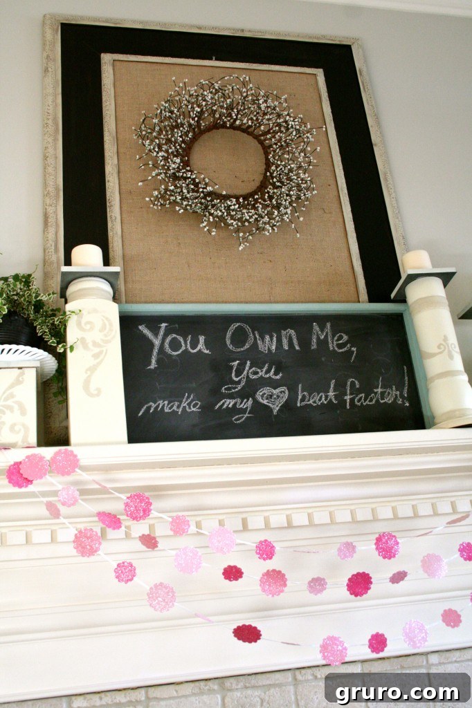 Vertical shot of Valentine's Day mantel decor, focusing on details and composition
