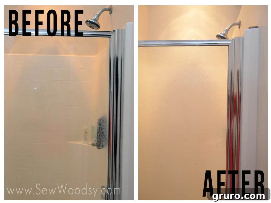 Before and after transformation of a shower glass door with privacy film