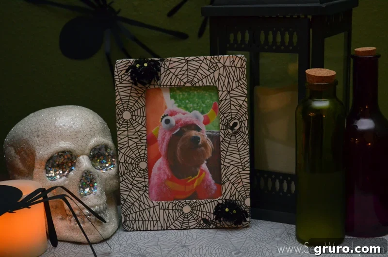 A finished Decoupage Spider Web Picture Frame for Halloween, with a cute dog photo, made with Martha Stewart Crafts. Shows the simple beauty of the DIY craft.