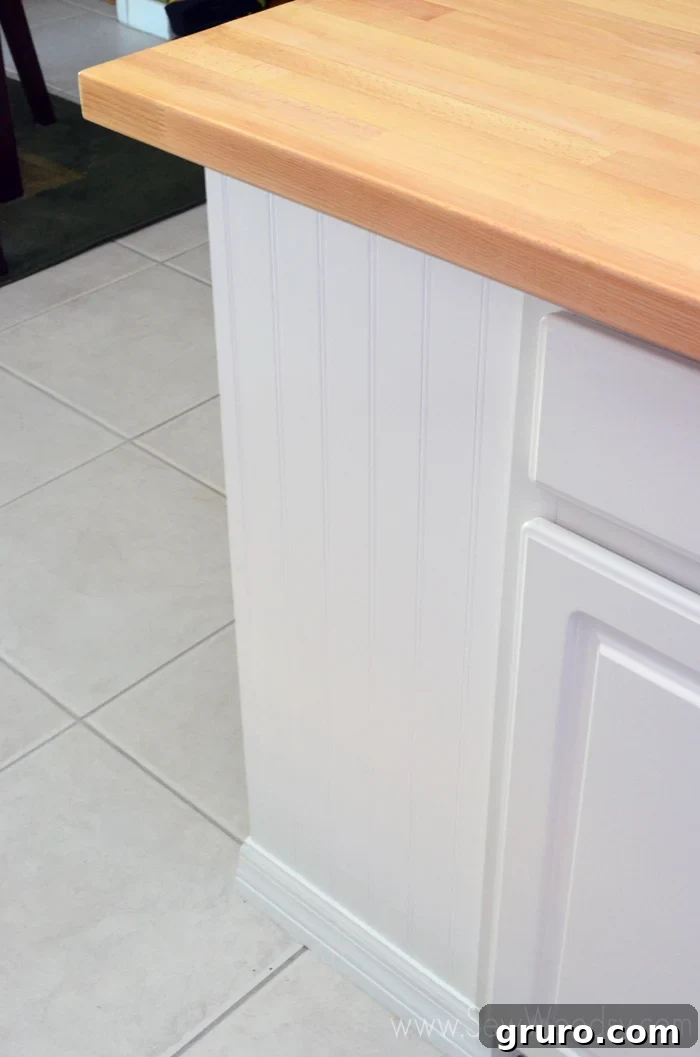 Close-up of the installed butcher block countertop, highlighting its natural beauty
