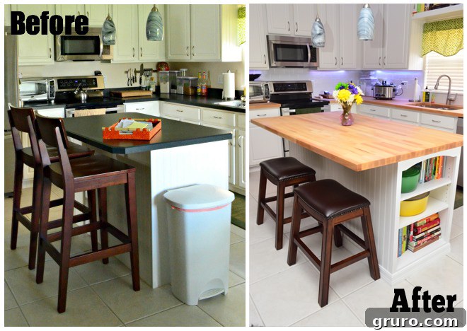 Before and After comparison of the kitchen island with new butcher block countertop