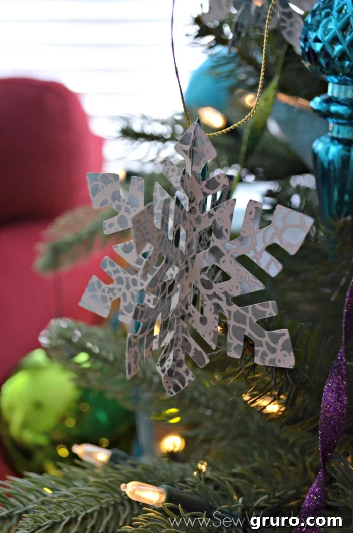 Finished Die-Cut Snowflake Ornaments on display