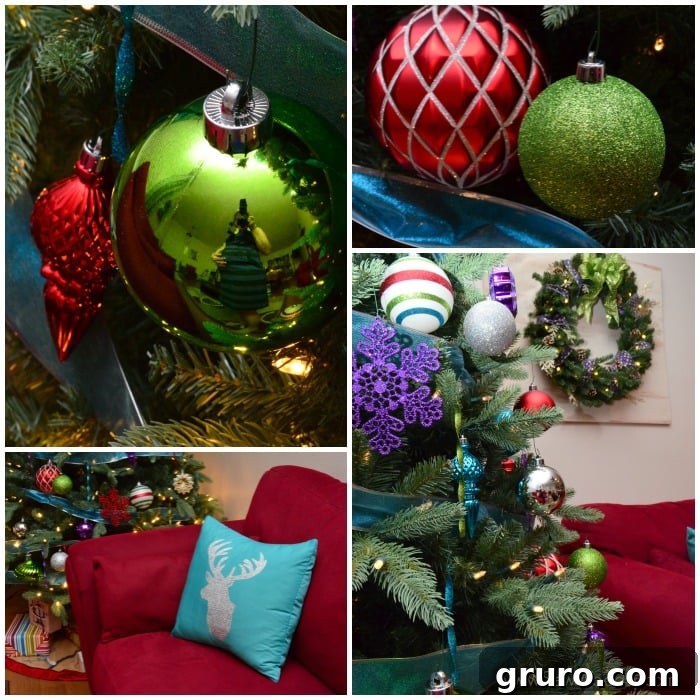 Close-up of Martha Stewart Living Jingle Brights ornaments, displaying their festive colors and variety.