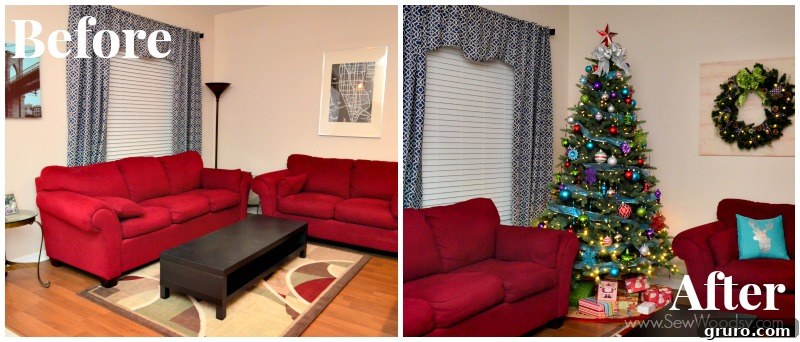 Before and after comparison of our living space transformed with Martha Stewart Living Jingle Brights holiday decor.