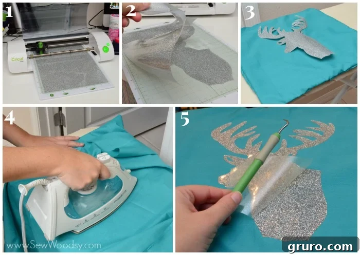 Cricut Iron-On Vinyl Steps - Buck Silhouette Envelope Pillow Tutorial from SewWoodsy.com
