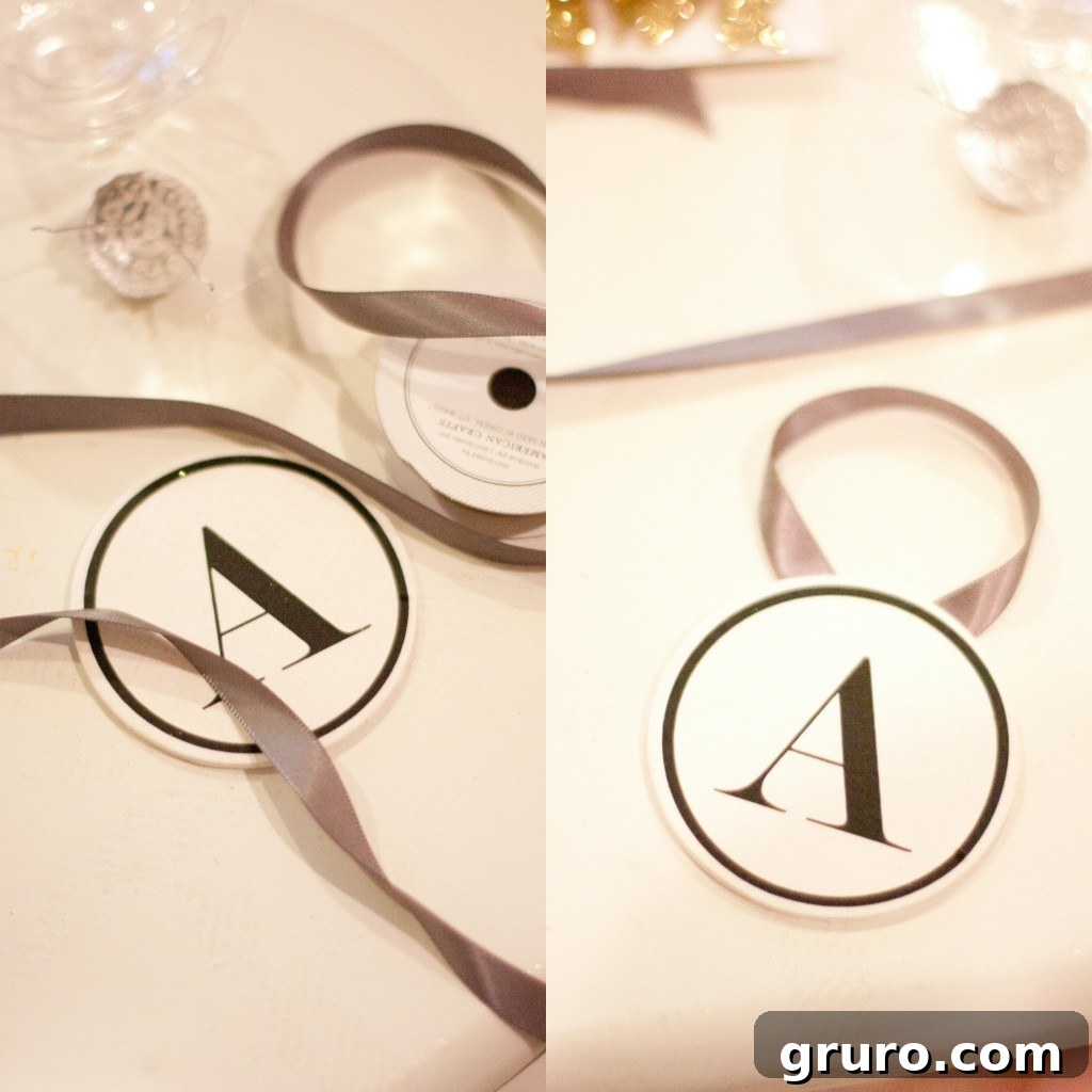 How to make Easy Monogrammed Christmas Ornaments - Attaching Ribbon Hanger
