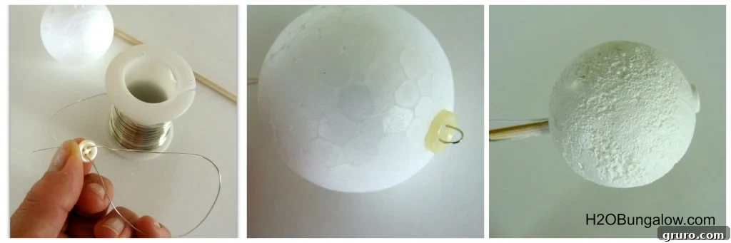 Step-by-step image collage showing the Styrofoam ball, button, wire, and spray-painted texture for a snowman ornament.