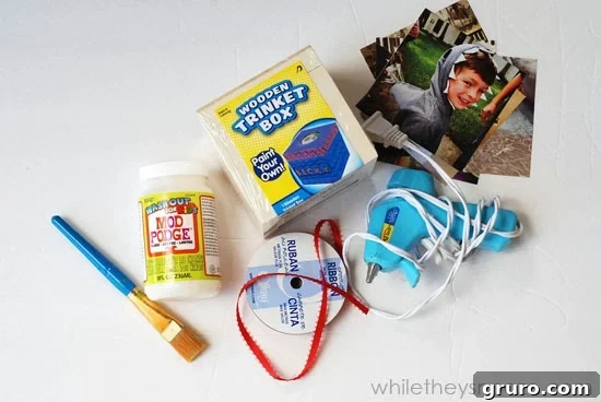 Instagram Time Capsule Ornament: Supplies needed including a wooden box, photos, Mod Podge, and glue.