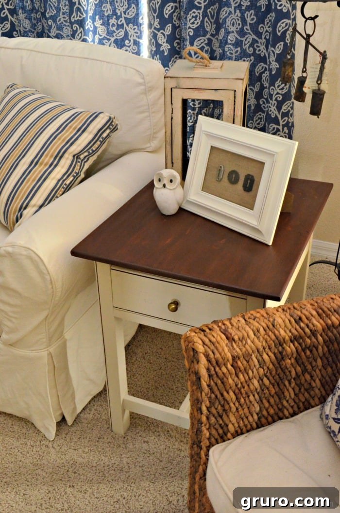 Detailed View of the Refinished End Table: Elegance in Two Tones