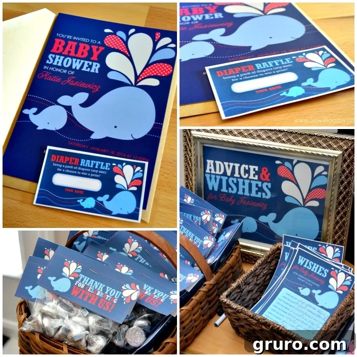 Custom whale baby shower paper goods by Stockberry Studio