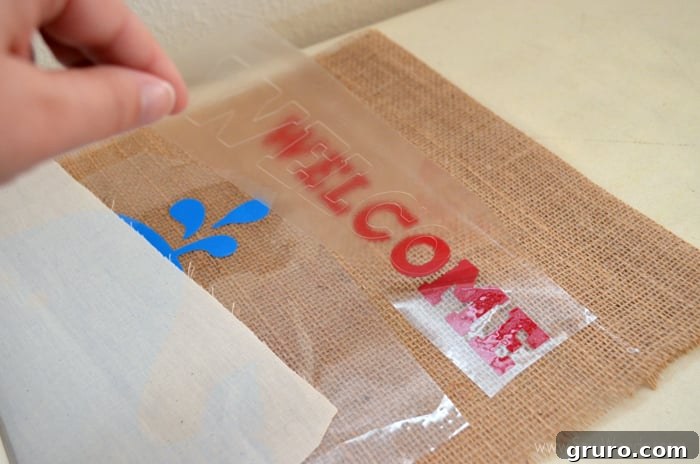 Peeling the Carrier Sheet from Iron-On Vinyl on Burlap